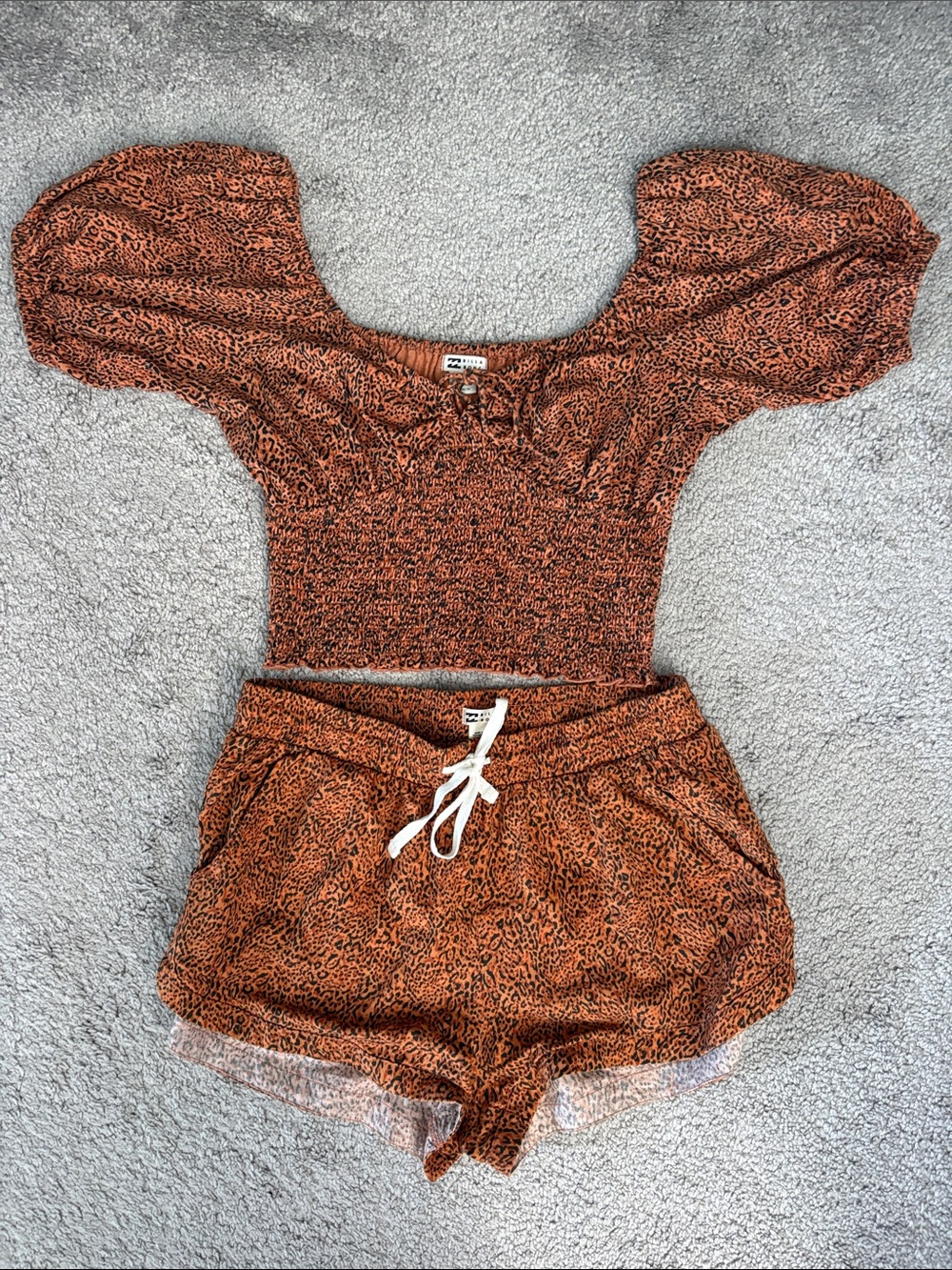 Billabong Rust Animal-Print Puff Sleeve Crop Top